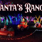 Santa's Ranch photo at night of lights and blow up lighted attractions