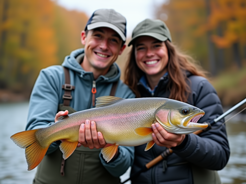 Two People Smiling Holding a Trout at the shore of a river