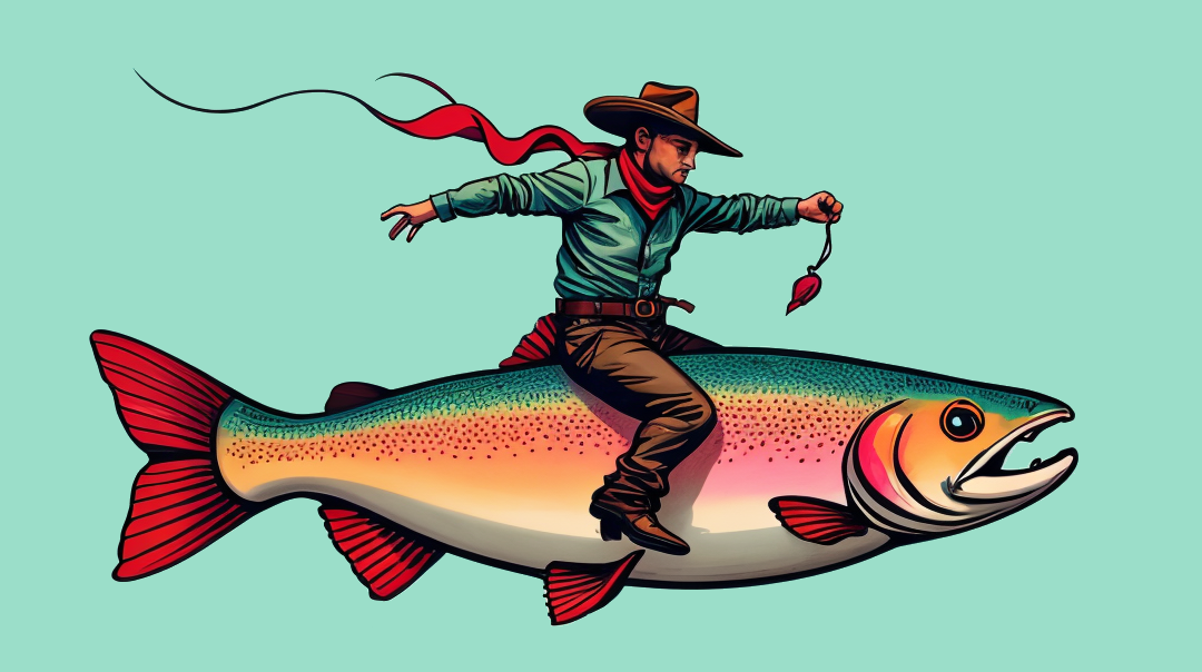 Cartoon of a Cowboy Riding a Trout for Troutfest 2025